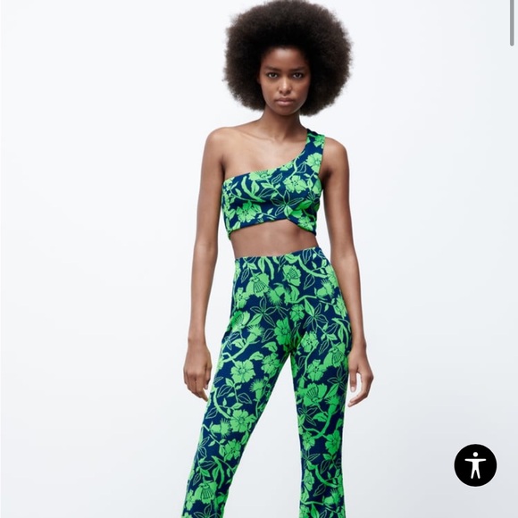ZARA Jacquard top with asymmetric neckline and strap Blue Green Crop Top Large - Picture 2 of 15